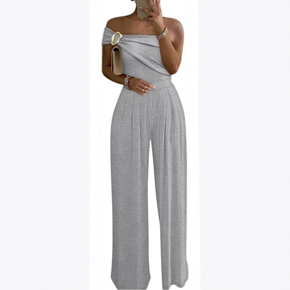 Metallic One-Shoulder Pleated Wide-Leg Jumpsuit