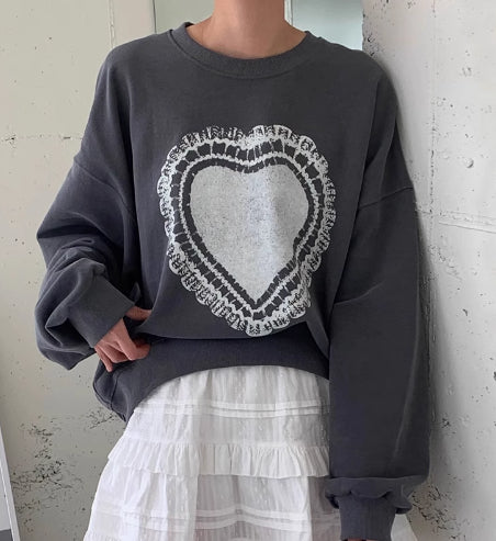 Cozy Heart Print Long Sleeve Crew Neck Sweatshirt