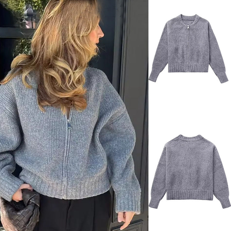 Zipper Knitted Bomber Jacket Sweater Coat