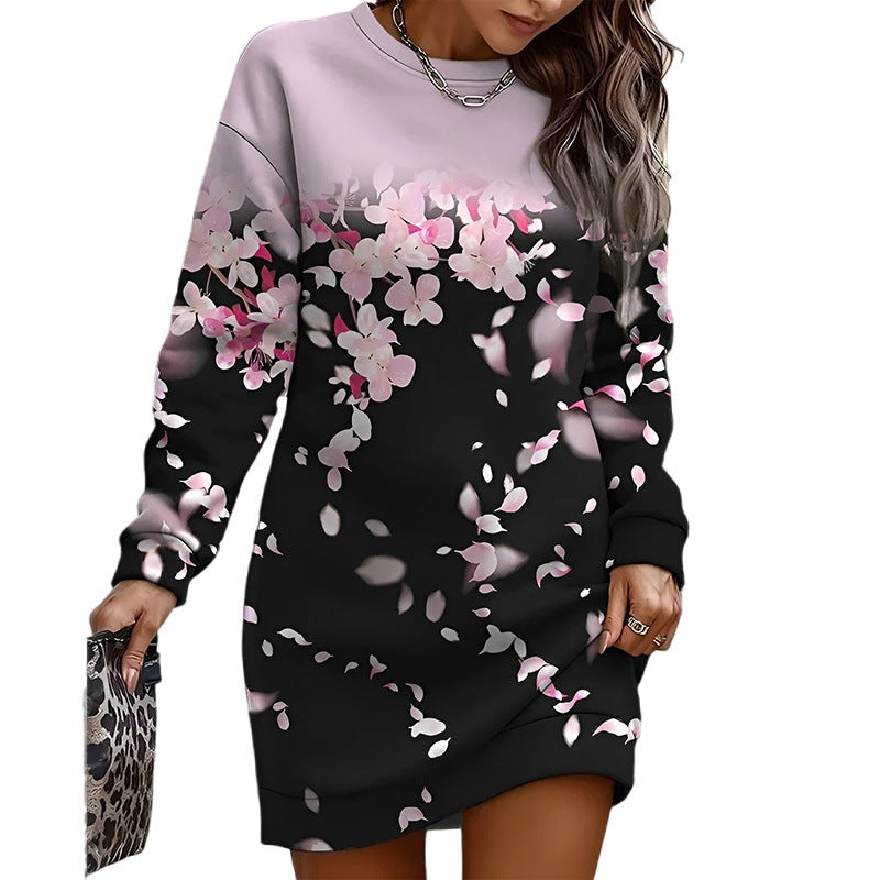 Women's Printed Casual Long Loose Crew Neck Sweater