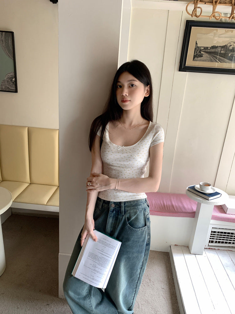 Floral Bow Short-Sleeve Scoop Neck Tee