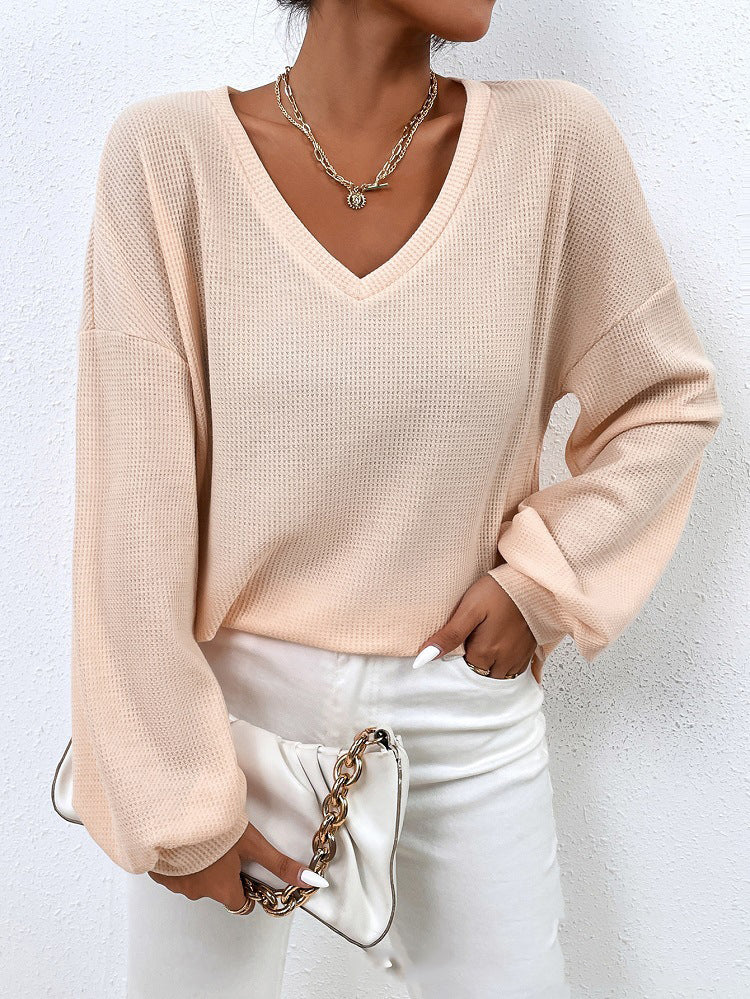 Spring And Summer V-neck Long-sleeved Waffle T-shirt