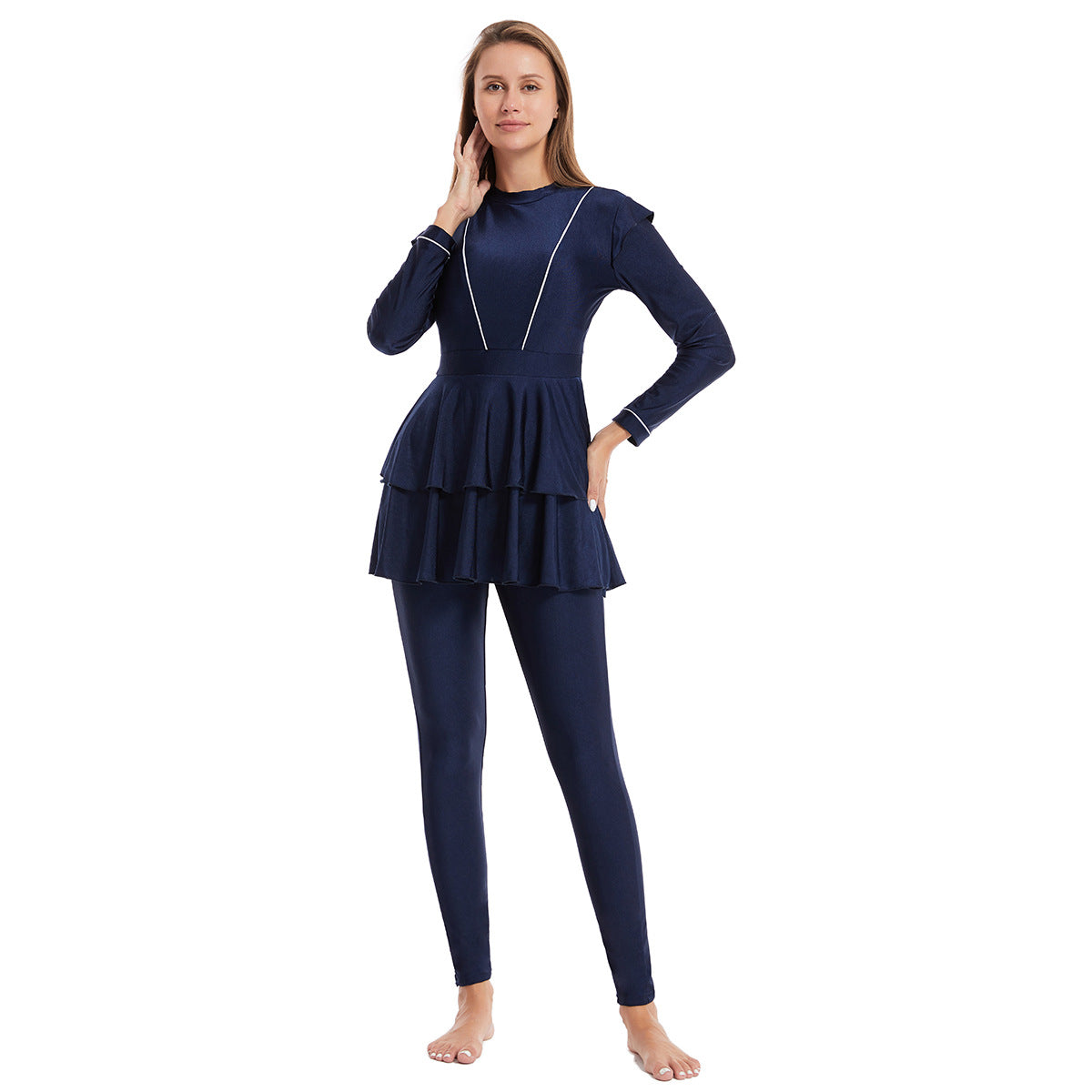 Modest Striped Three-Piece Conservative Swimsuit