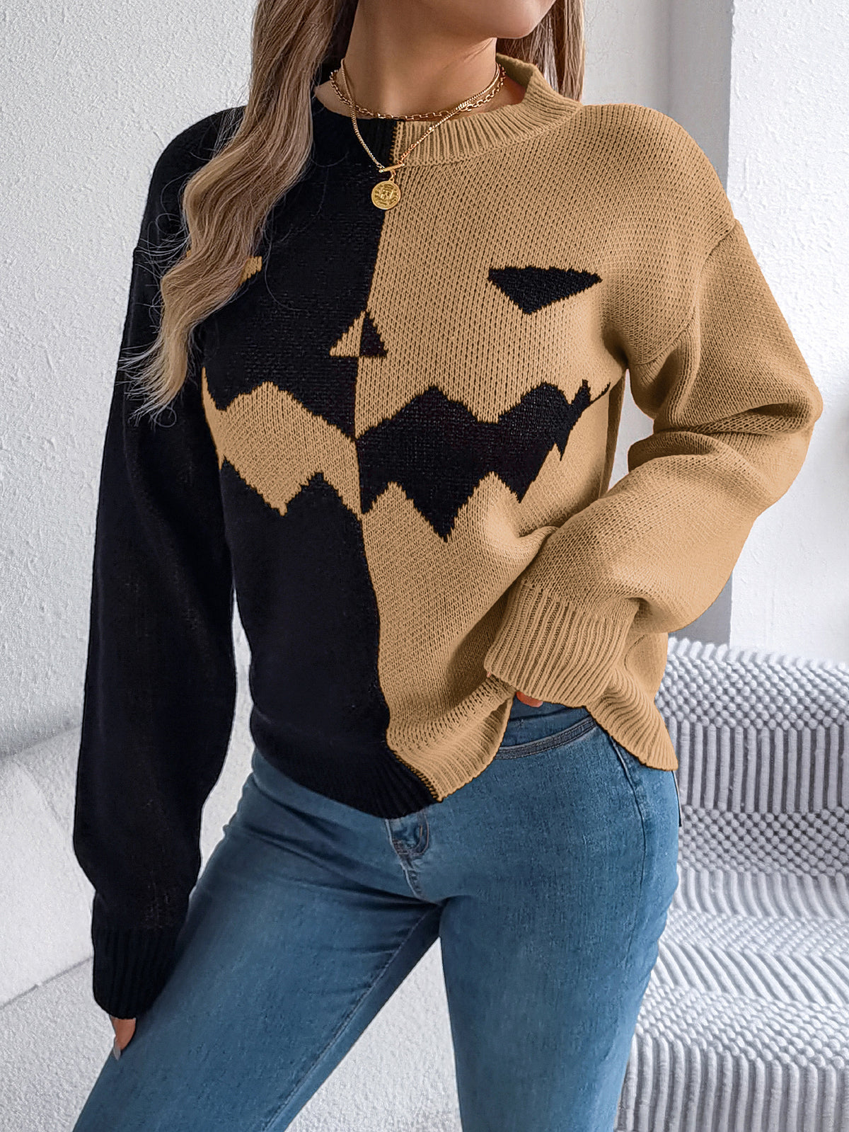 Women Ghost Pumpkin Color Block Long Sleeve Pullover Sweater
