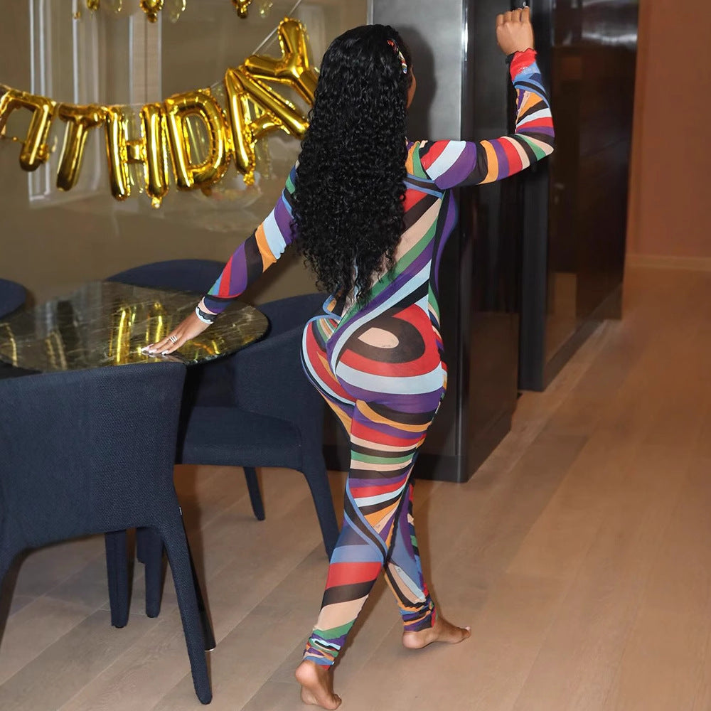 Women's Sexy Printed See-Through Long Sleeve Mesh Jumpsuit