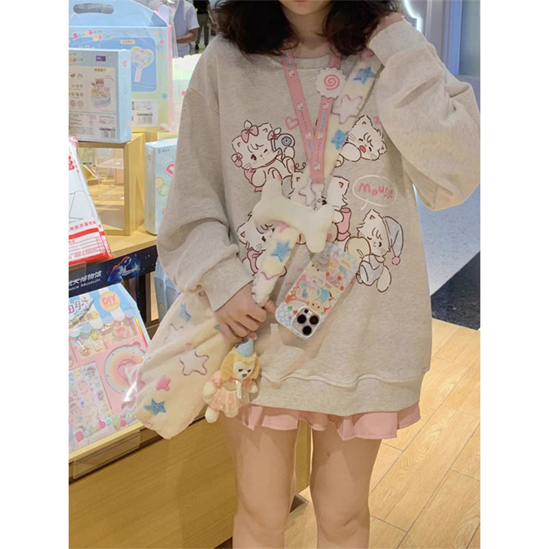 Cute Cartoon Fleece-Lined College Style Sweatshirt