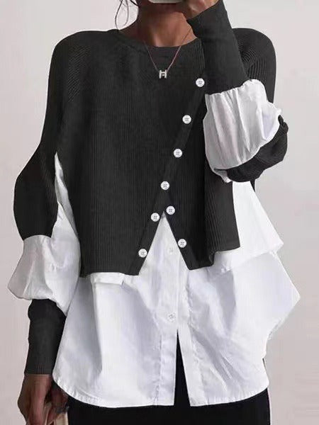 Autumn and Winter Pullover Women's Stitching Shirt Fake Two-piece Fashion