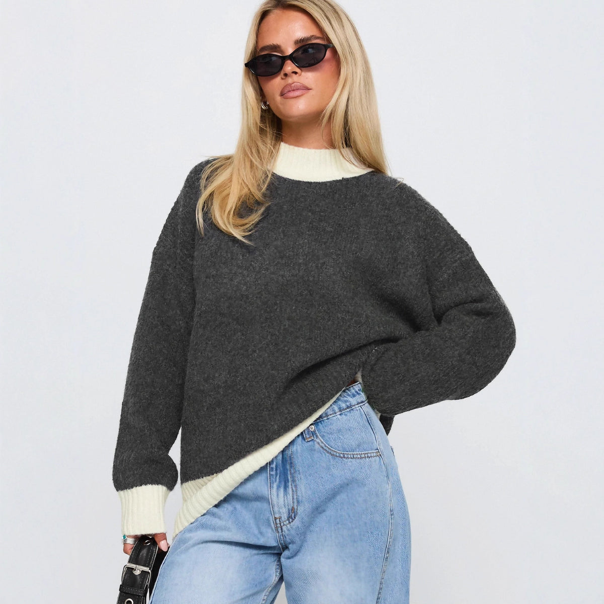 Loose Simple Casual Color-block Crewneck Long-sleeve Sweater for Women