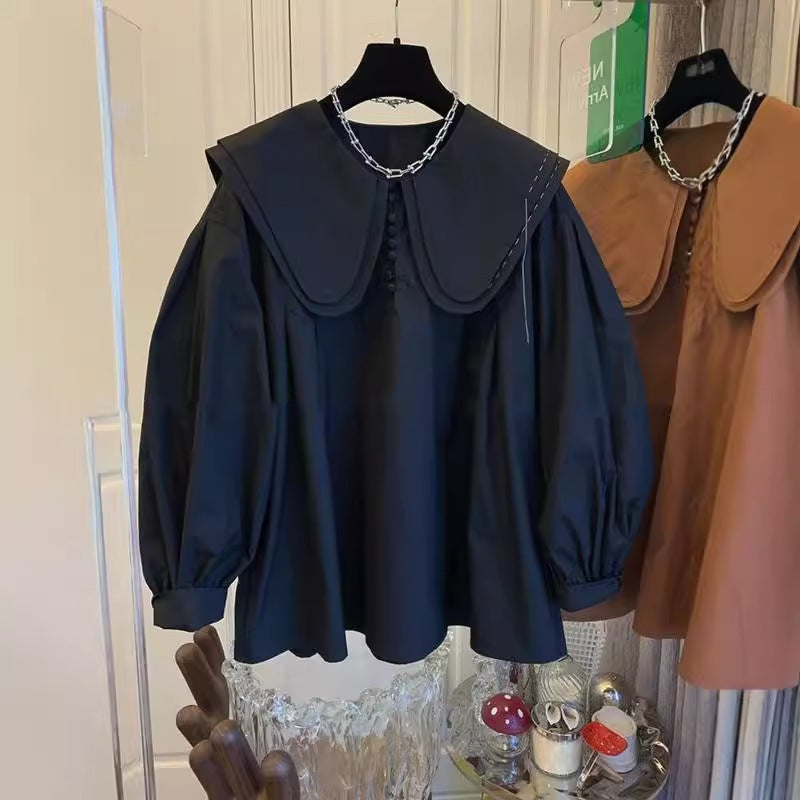 Women's Doll Collar Lantern Sleeve Shirt Top