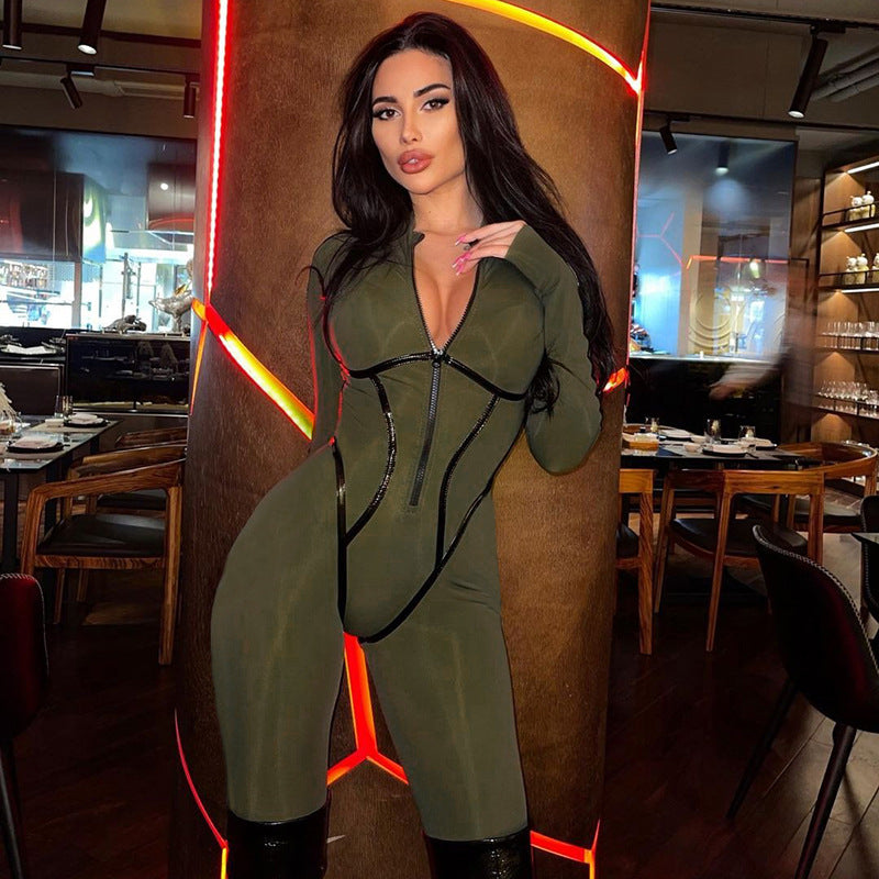 Faux Leather Zip-Up Long Sleeve Skinny Jumpsuit