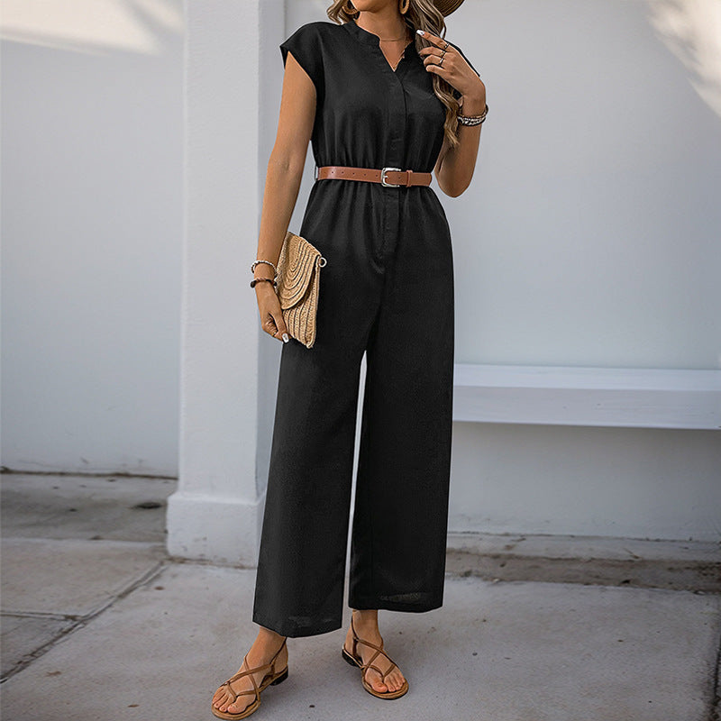 Casual Chic Waist-Cinched Short-Sleeve V-Neck Straight-Jump Suit For Women