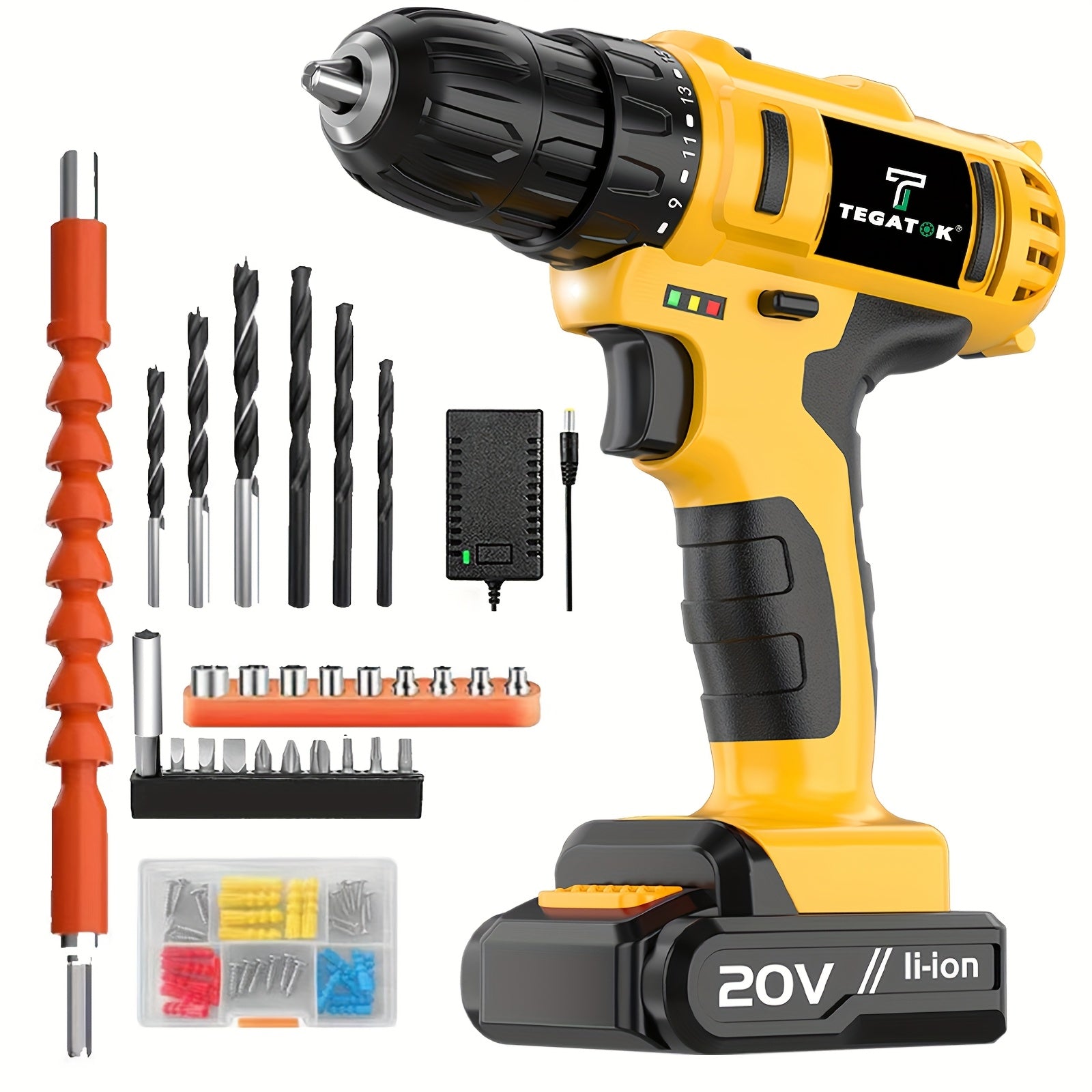 20V Cordless Drill Set, Impact Power Drill with 3/8 Inch Keyless Chuck, 18+3 Clutch Electric Drill with Work Light, Max Torque 45Nm, 2-Variable Speed & 2.0AH Batteries And Fast Charger, Bits Set...