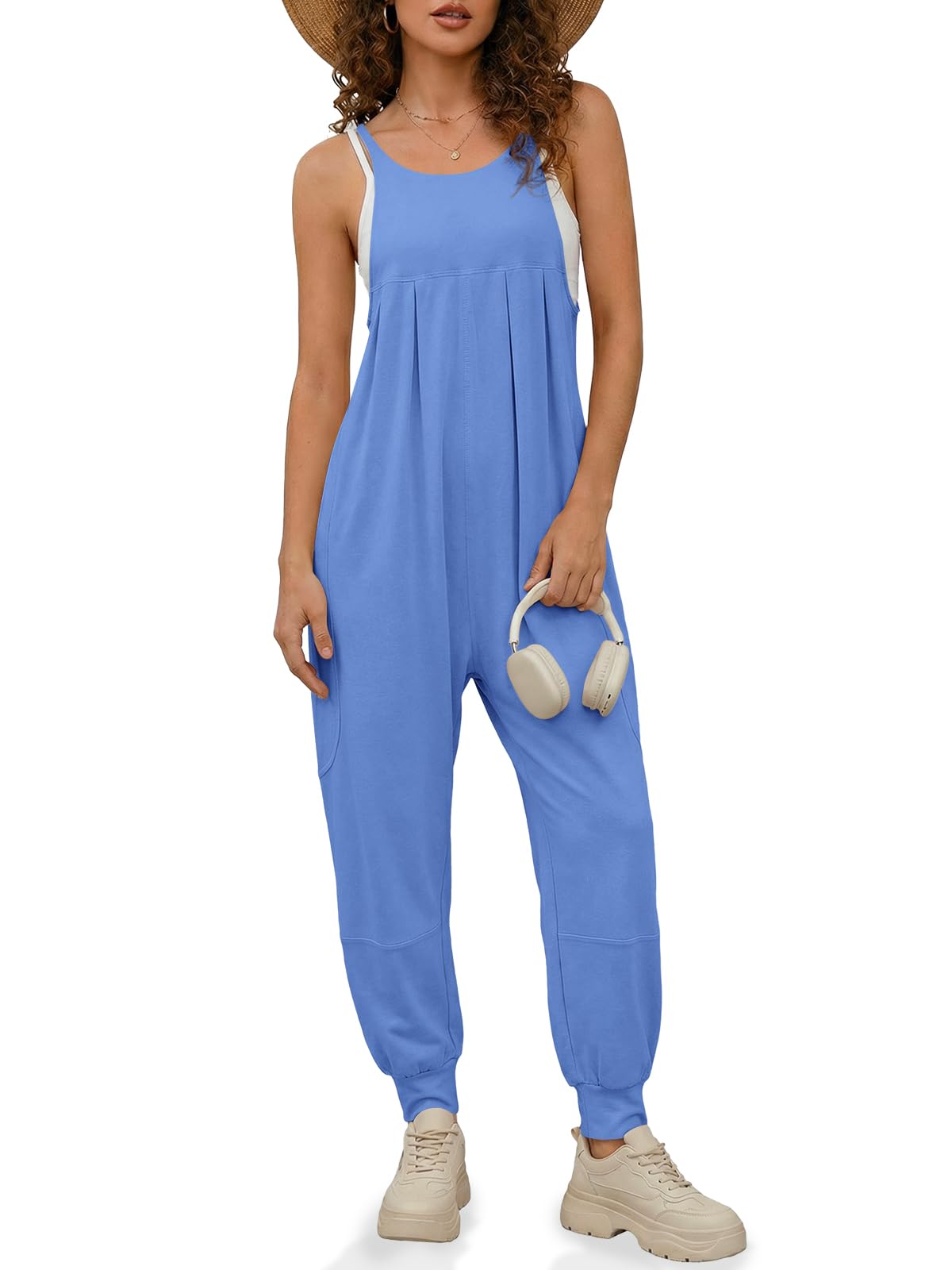 Fisoew Jumpsuits For Women Summer Casual Overalls Spaghetti Strap Sleeveless Pleated Rompers Jumpers With Pockets