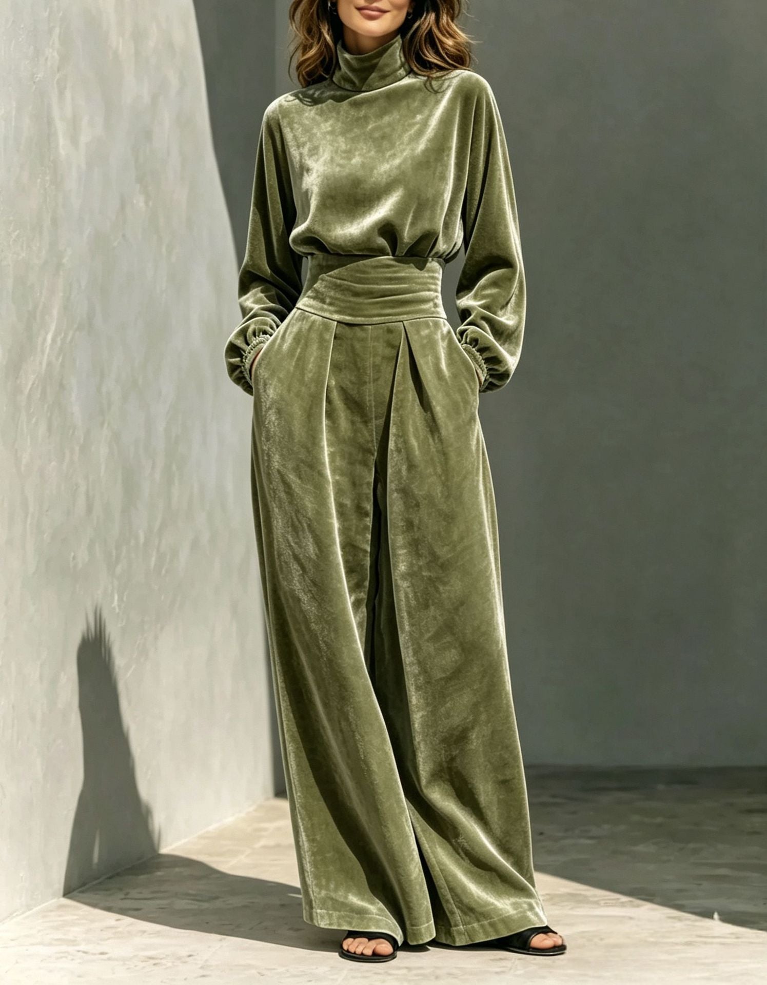 Velvet Turtleneck Belted Wide-Leg Jumpsuit