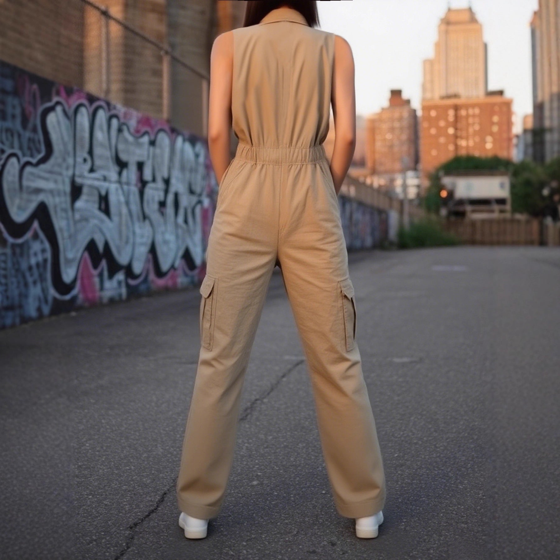 Elegant V-Neck Multi-Pocket Wide-Leg Jumpsuit