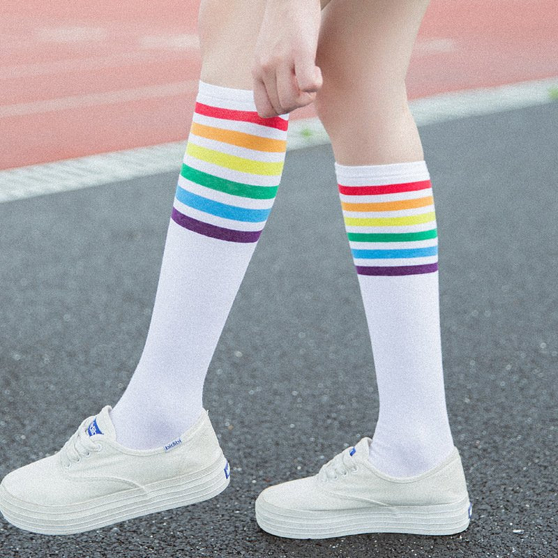 Rainbow Knee High Cotton Socks for Women