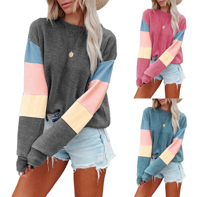 Color Contrast Round Neck Long Sleeve Women's Fashion Tee