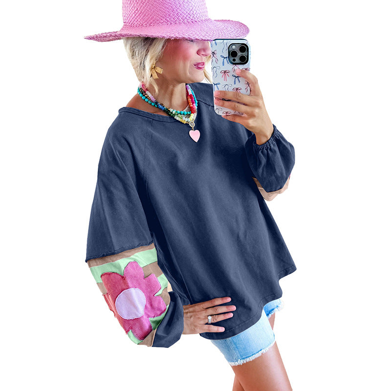 Women's Floral Contrast Color Loose Pullover Sweater