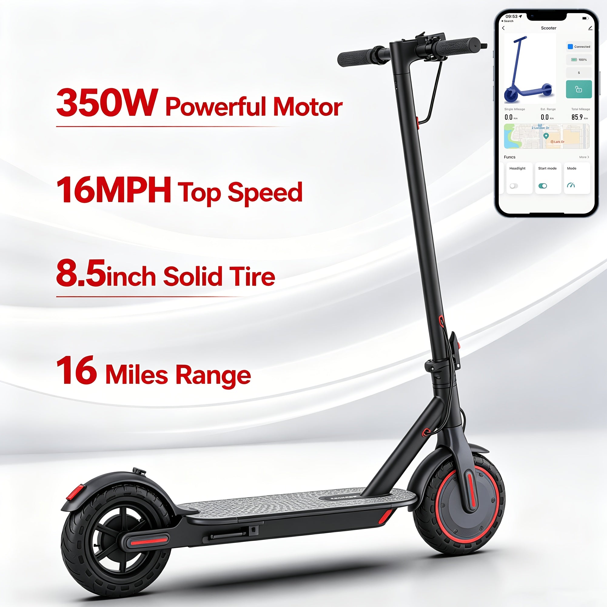 Smart App Controlled Foldable Adult E‑Scooter, 350W Motor, Long Range, 8.5" Anti‑Slip Solid Tires, LCD Dashboard, 3 Speed Settings, Dual Brakes, LED Front & Rear Lights, Aluminum Alloy Frame, 265 lb Weight Capacity