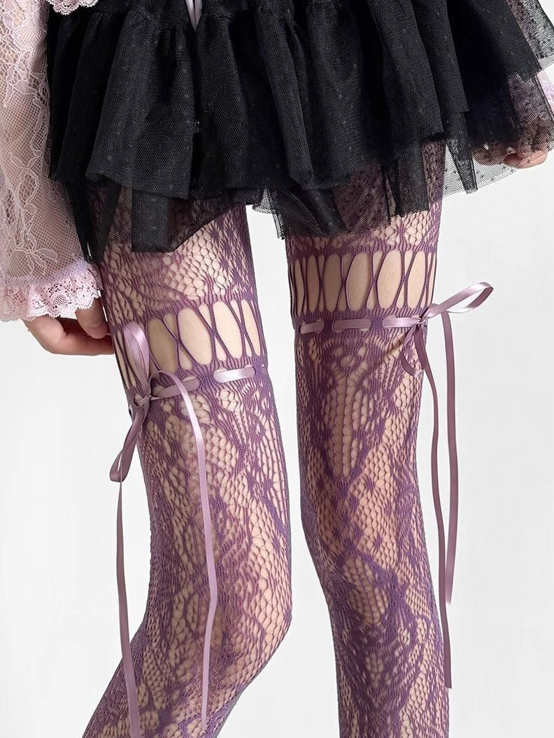 Dark Gothic Bow Fishnet Hollow-Out Pantyhose