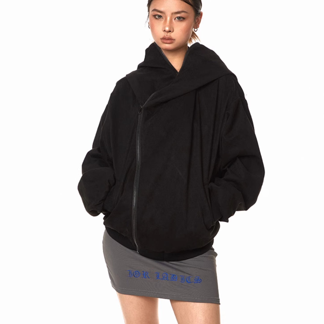 Cozy Oblique Zipper Hooded Cardigan Sweater for Women