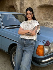 White Paisley Lace Cap-Sleeve Top