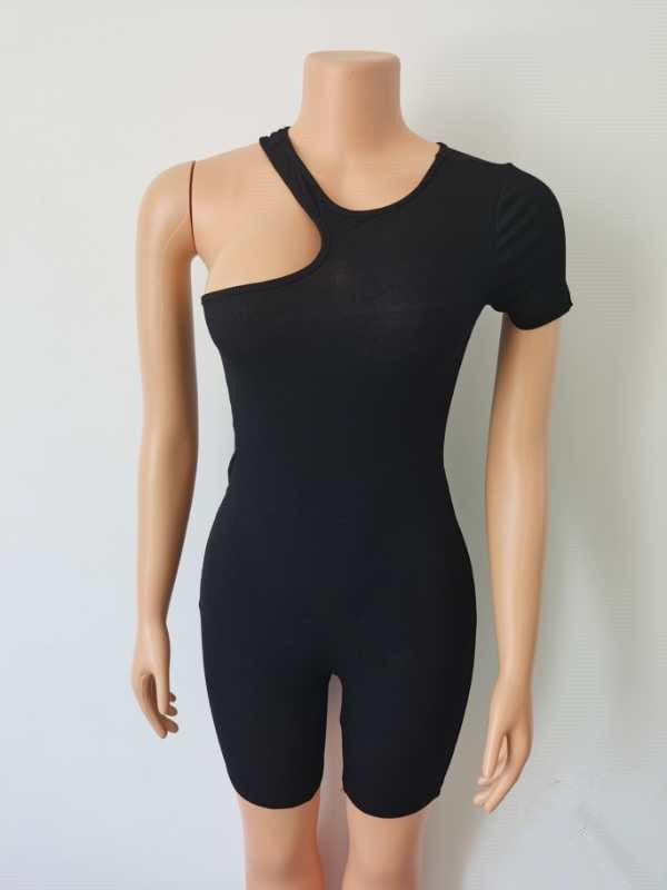 High-Stretch One-Shoulder Short Jumpsuit