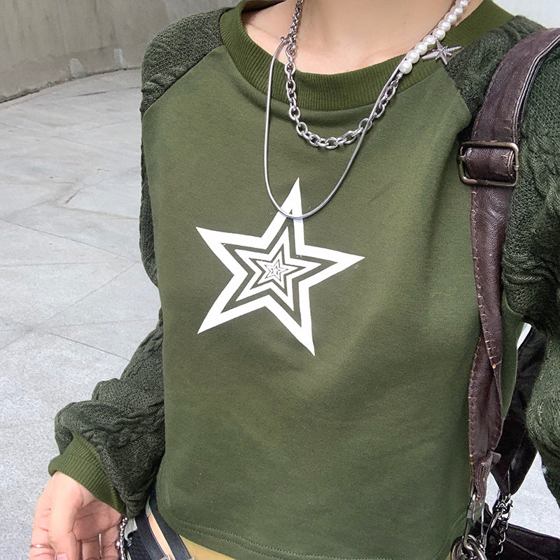 Star Print Contrast Raglan Sleeve Trendy Sweater