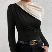 Slim-Fit Color-Block Long-Sleeve Top – Apricot Elegance