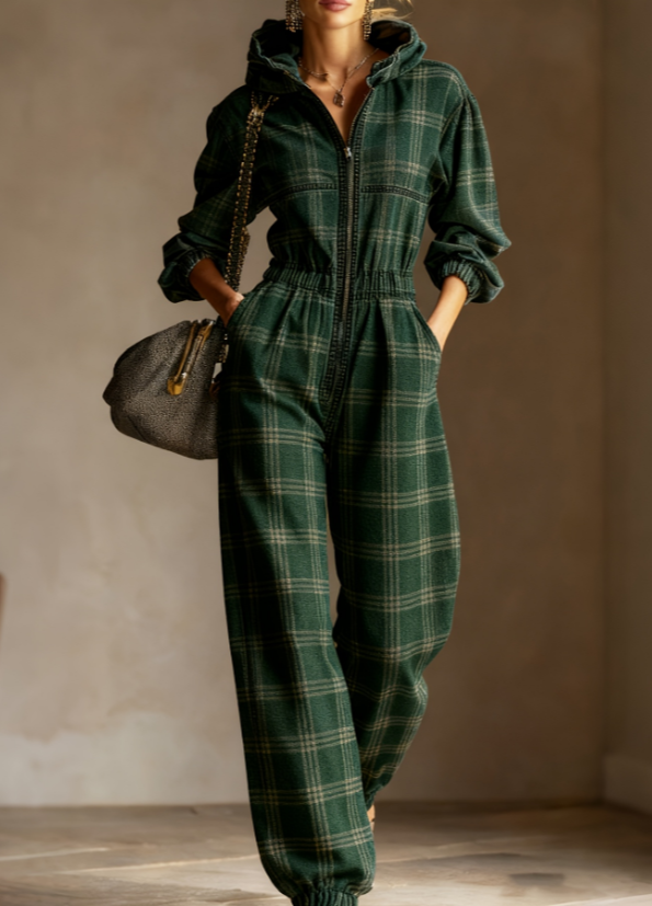Vintage Plaid Hooded Waist-Cinching Casual Jumpsuit
