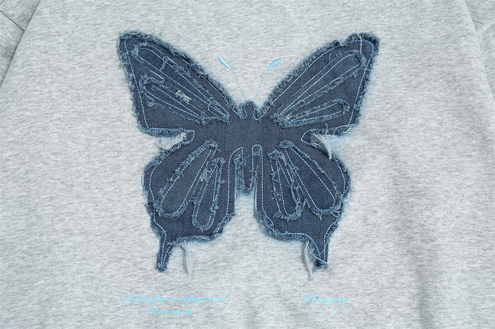 Chic Denim Butterfly Patch Loose Streetwear Sweater