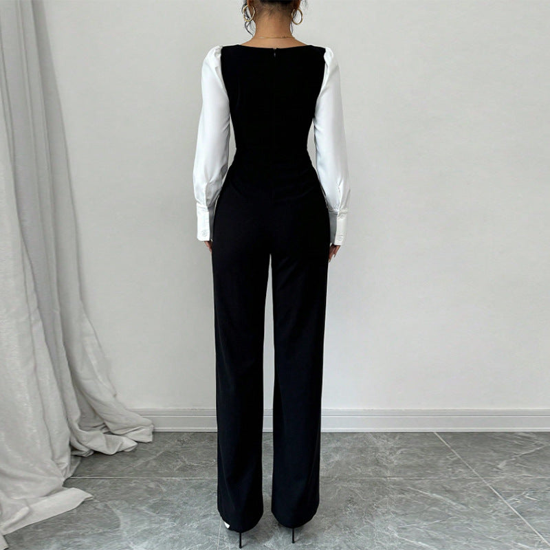 Chic Color-Block Long-Sleeve Straight-Leg Jumpsuit