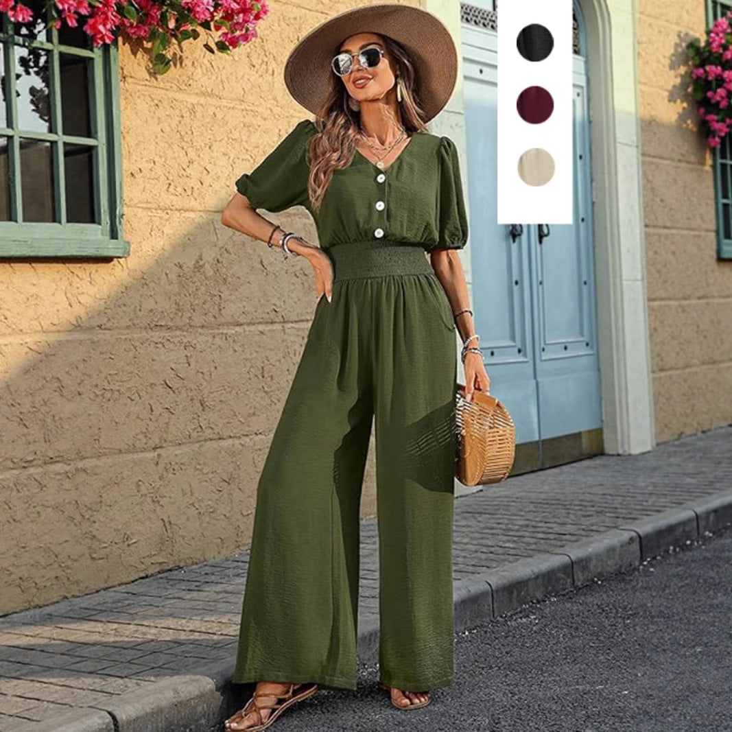 Chic Lapel Waist-Cinched Short-Sleeve Jumpsuit