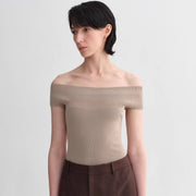 Silk Blended Off-Shoulder Short-Sleeve Multi-Colored Knitted Top