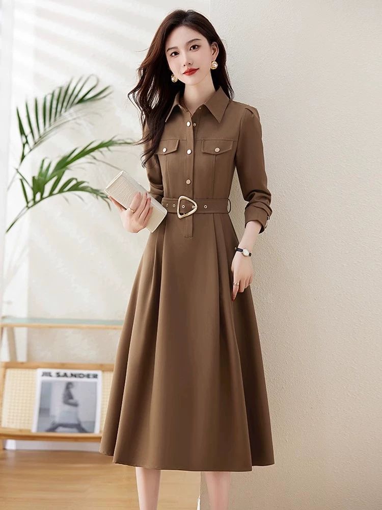 Elegant Lapel A-Line Midi Dress with Fitted Waist
