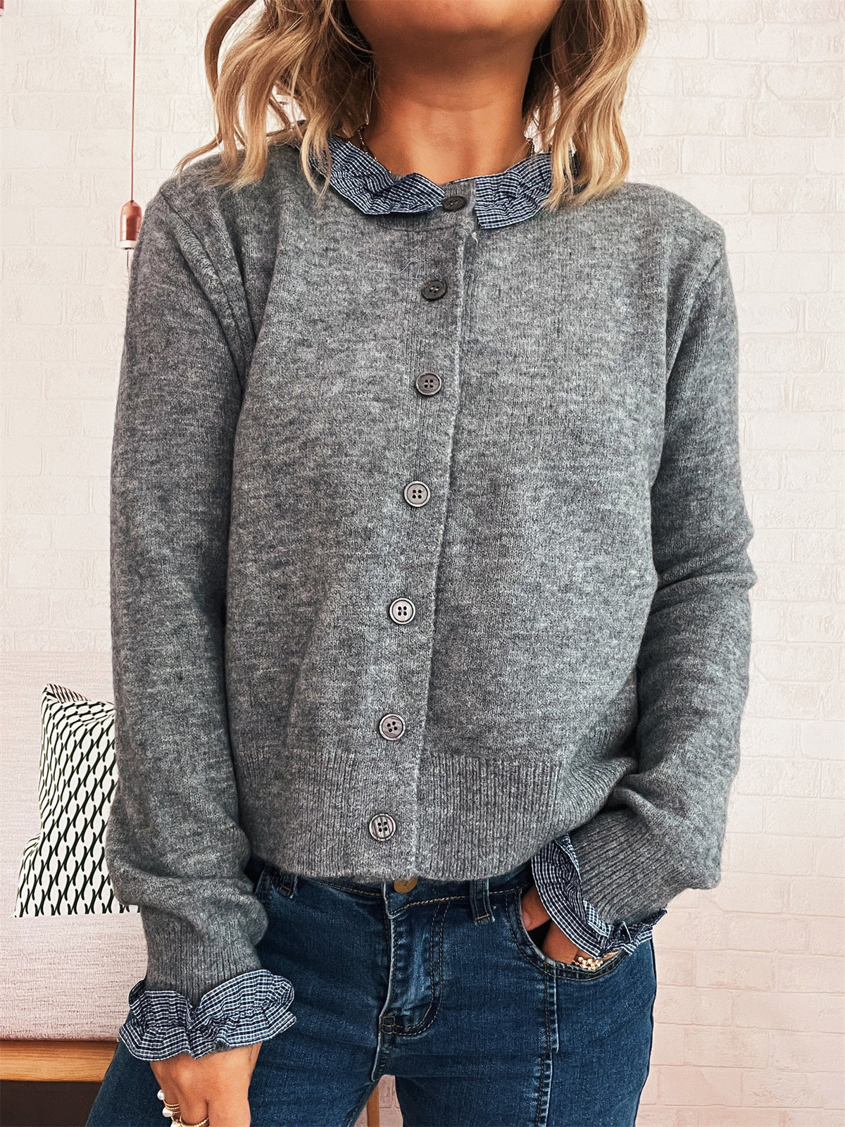 Lace Stitching Single-breasted Long Sleeve Solid Color Slim Fit Sweater