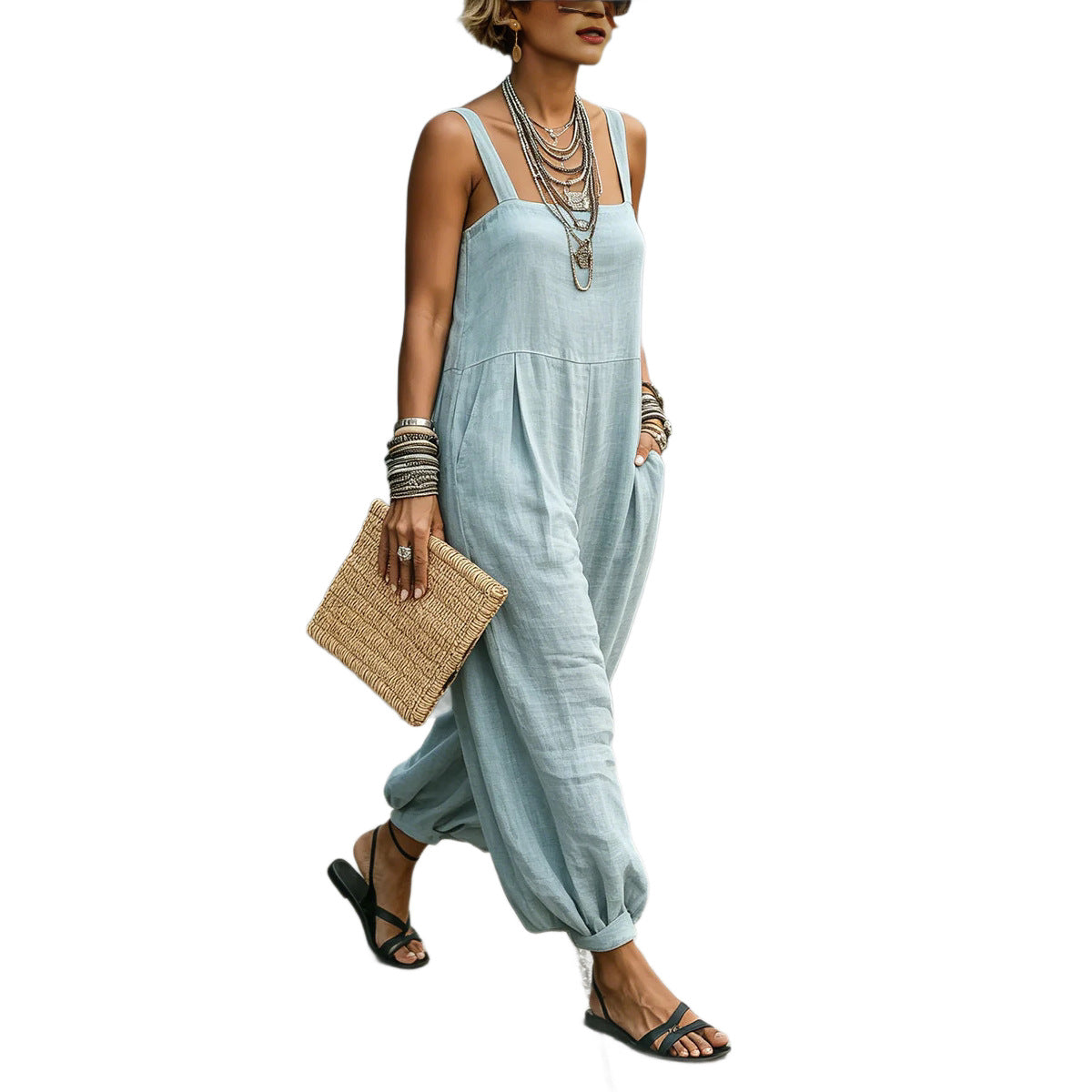 Loose-fit Strap Jumpsuit Womens Casual Wide-leg Pants