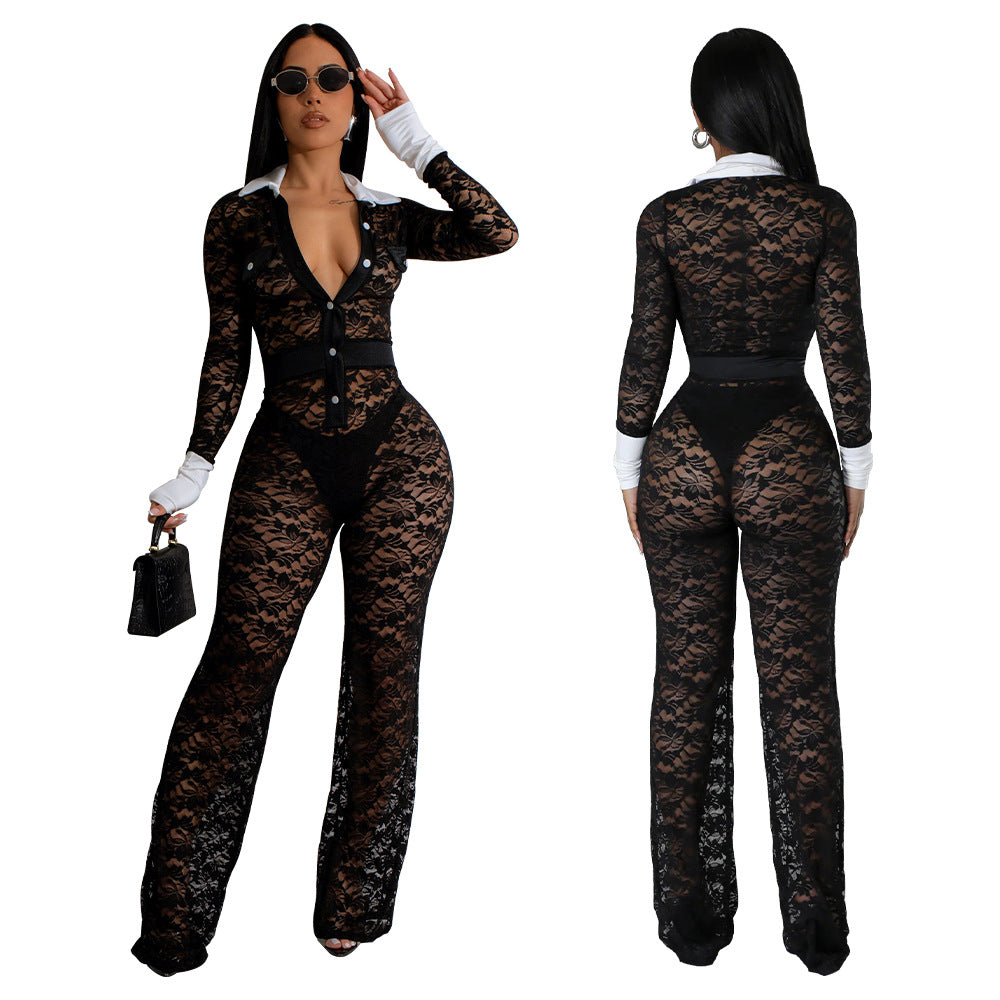 Women's Lace Contrast Stitching Long Jumpsuit