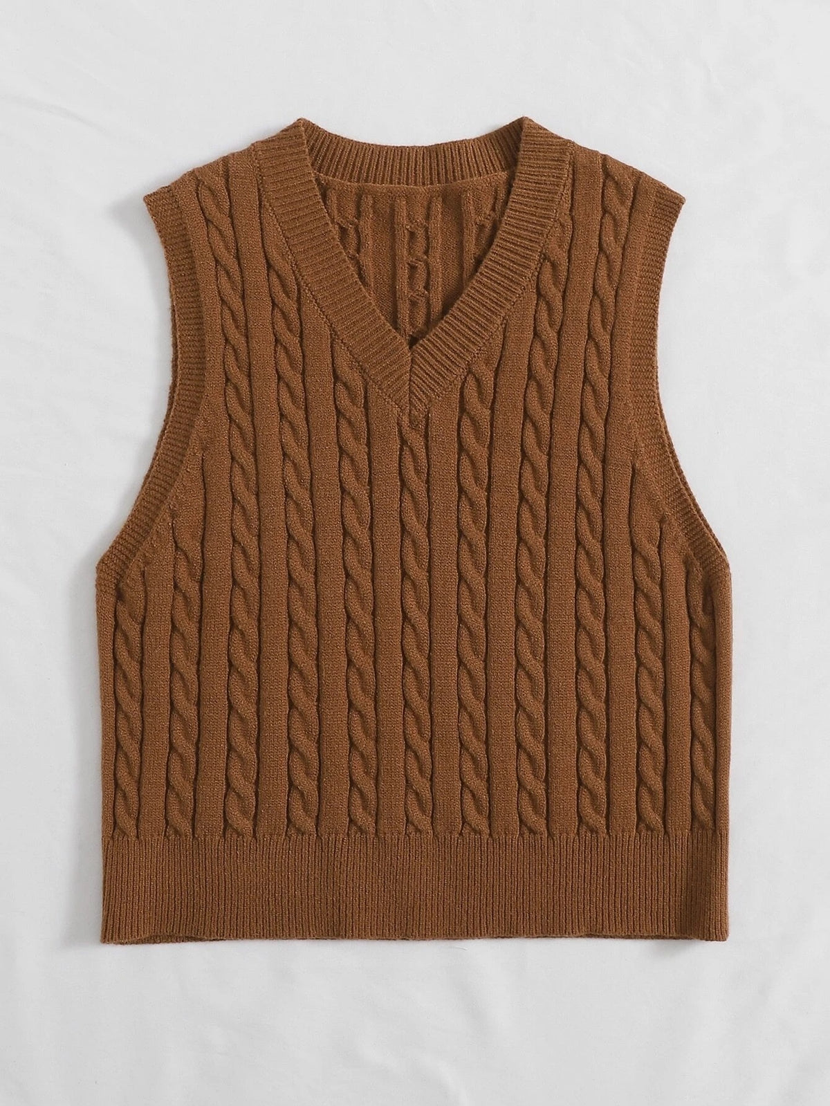Springsummer Knitted Cabled Vest Pullover with V-neck