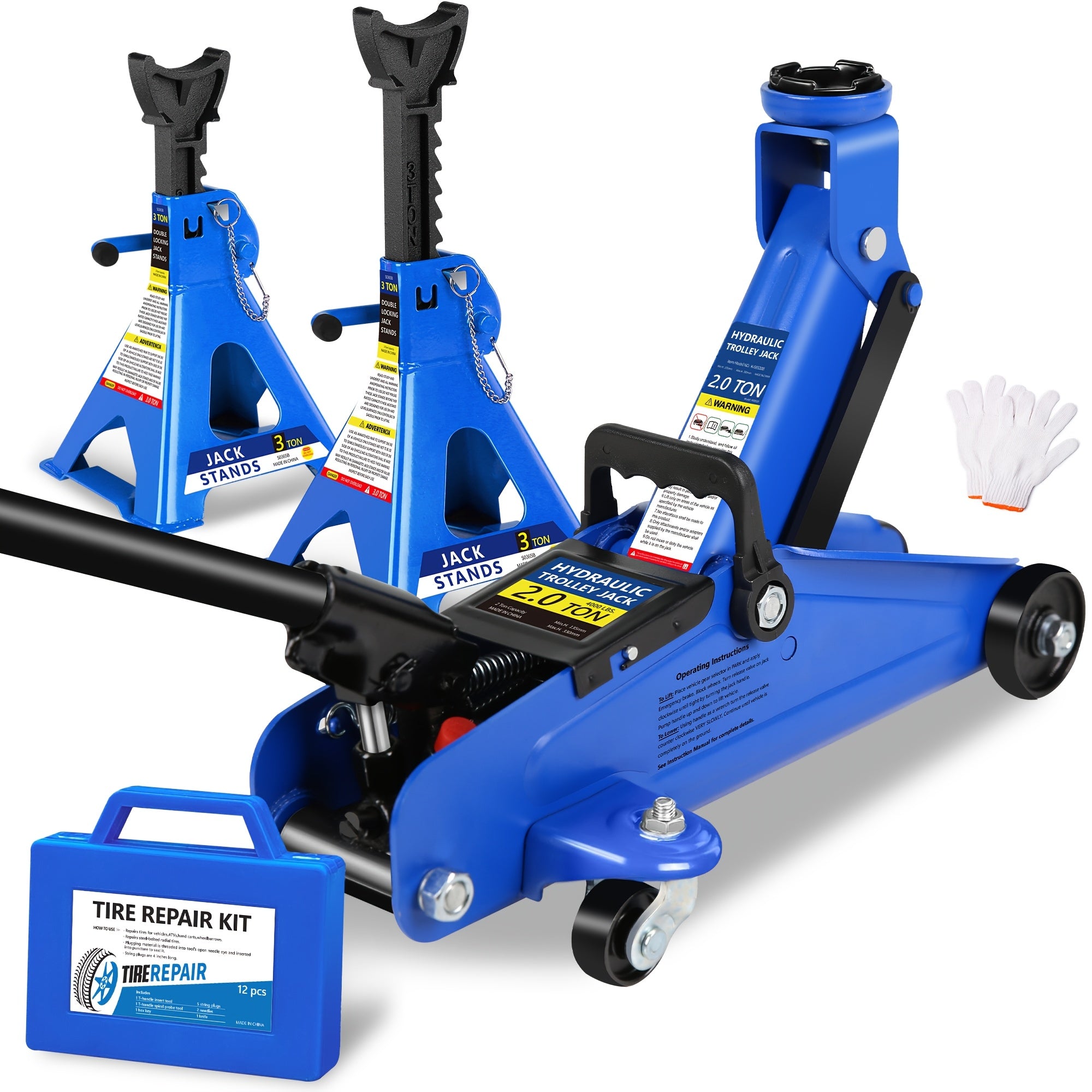 Hydraulic Trolley Floor Jack – Low Profile Steel Jack with Optional 2‑3.5 Ton Capacity and 2 Ratchet 3‑Ton Jack Stands