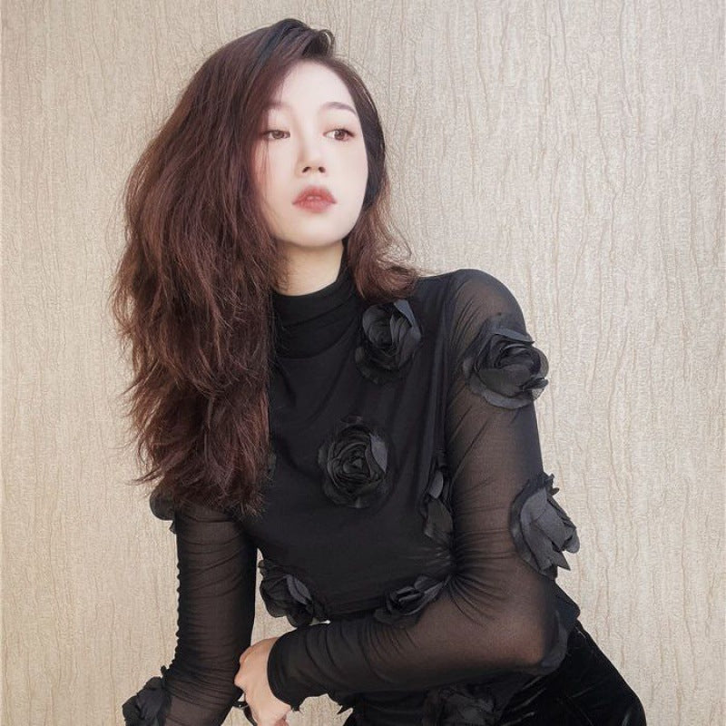3D Floral Mock Neck Long Sleeve Top