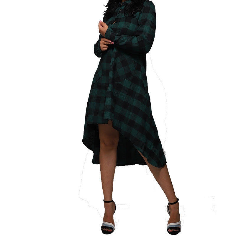 Boyfriend Style Casual Pocket Long Sleeve Plaid Polo Shirt Irregular Coat