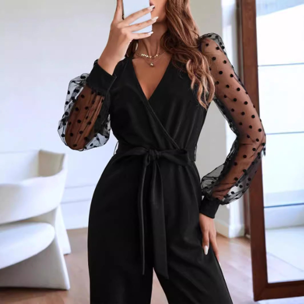 Elegant Lace V-Neck Long Sleeve Jumpsuit with Belt