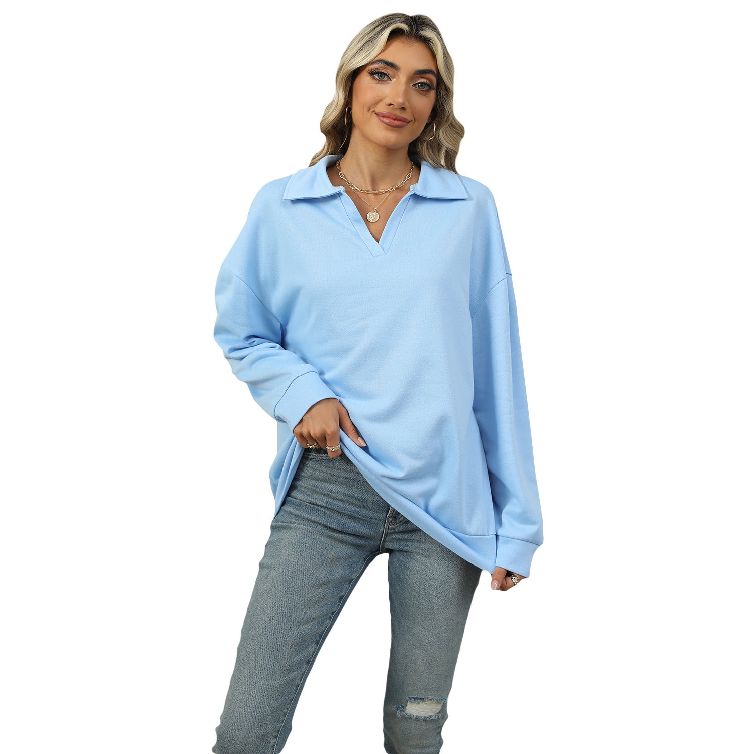 Casual V-Neck Lapel Long-Sleeve Pullover Sweatshirt