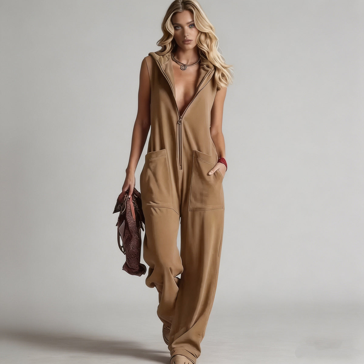 Women's Retro Hooded Zip-Up Casual Jumpsuit