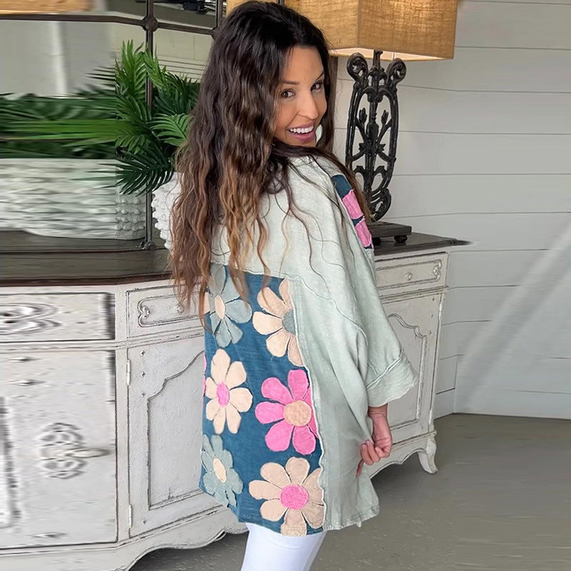 Floral Patchwork Long Sleeve Casual Pullover Hoodie