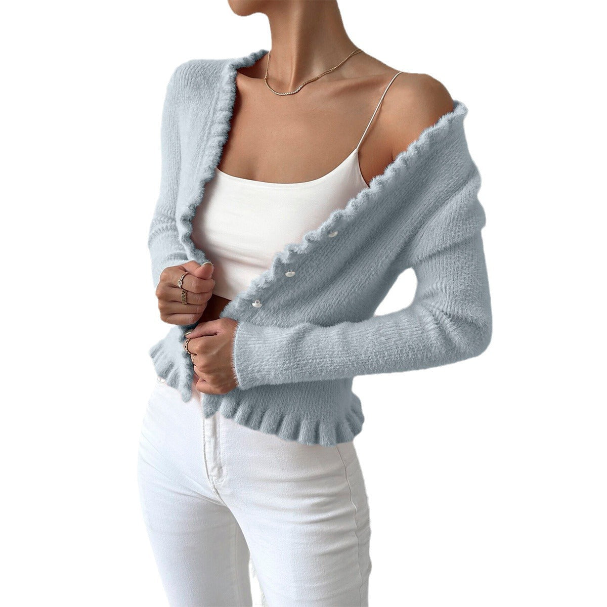 Knitted Cardigan Gentle Temperament Wooden Ear Pearl Buckle Sweater for Women