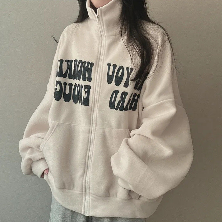 Women's Plus Velvet Alphabet Zip-Up Loose Cardigan Sweater