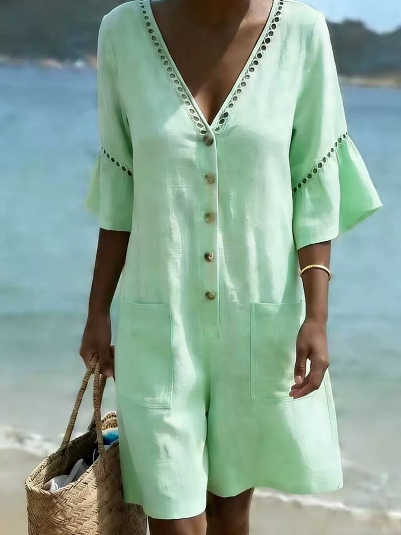 Lace-Trimmed V-Neck Casual Jumpsuit