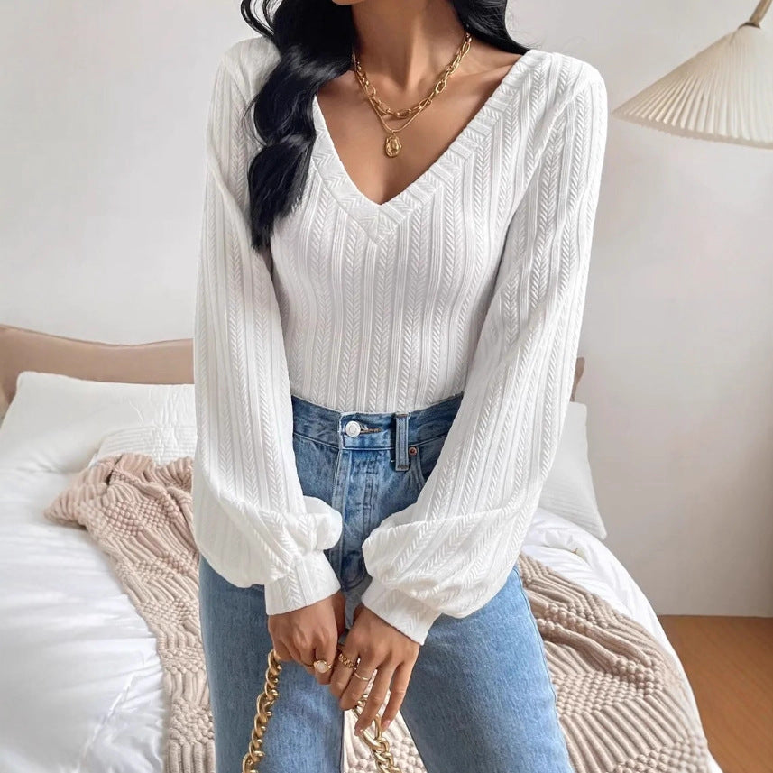 Women's Casual Knitted V‑Neck Long‑Sleeve Top – Soft Fit